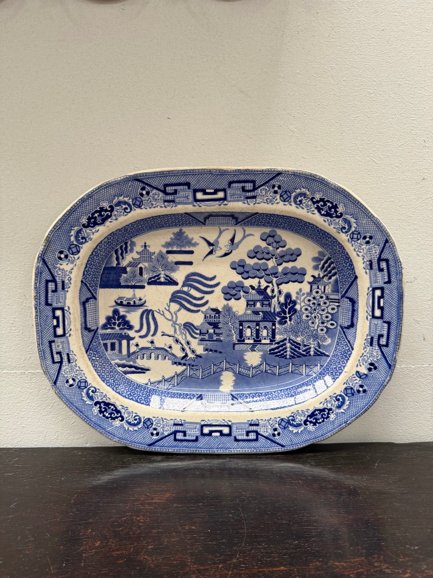 Antique English Willow Pattern Meat Plate c1840's