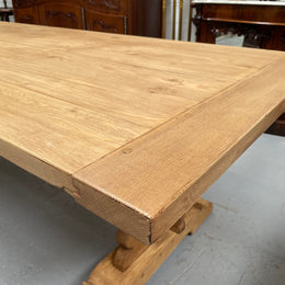 Impressive vintage reclaimed spruce dining table of large proportions. It is in the monastery style with a practical wax finish. Seats 12 persons comfortably and would be great for entertaining. In excellent condition. Please see photos as they form part of the description and condition.