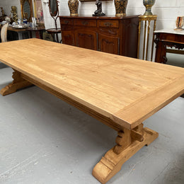 Impressive vintage reclaimed spruce dining table of large proportions. It is in the monastery style with a practical wax finish. Seats 12 persons comfortably and would be great for entertaining. In excellent condition. Please see photos as they form part of the description and condition.