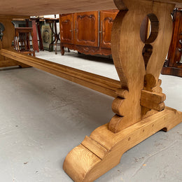 Impressive vintage reclaimed spruce dining table of large proportions. It is in the monastery style with a practical wax finish. Seats 12 persons comfortably and would be great for entertaining. In excellent condition. Please see photos as they form part of the description and condition.