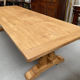 Impressive vintage reclaimed spruce dining table of large proportions. It is in the monastery style with a practical wax finish. Seats 12 persons comfortably and would be great for entertaining. In excellent condition. Please see photos as they form part of the description and condition.