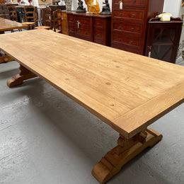 Impressive vintage reclaimed spruce dining table of large proportions. It is in the monastery style with a practical wax finish. Seats 12 persons comfortably and would be great for entertaining. In excellent condition. Please see photos as they form part of the description and condition.