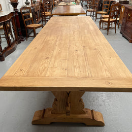 Impressive vintage reclaimed spruce dining table of large proportions. It is in the monastery style with a practical wax finish. Seats 12 persons comfortably and would be great for entertaining. In excellent condition. Please see photos as they form part of the description and condition.