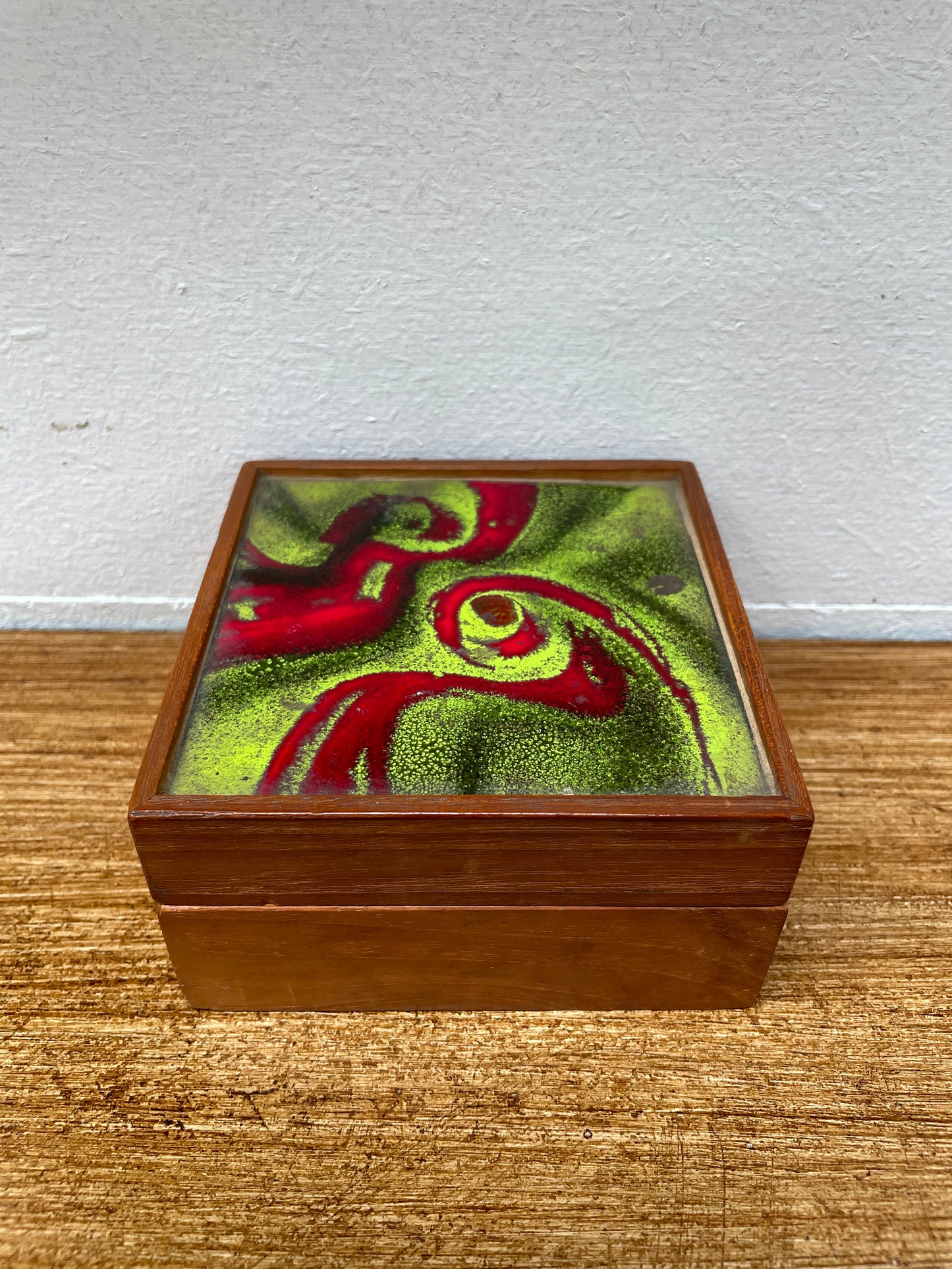 Vintage Enamel & Mahogany Trinket Box