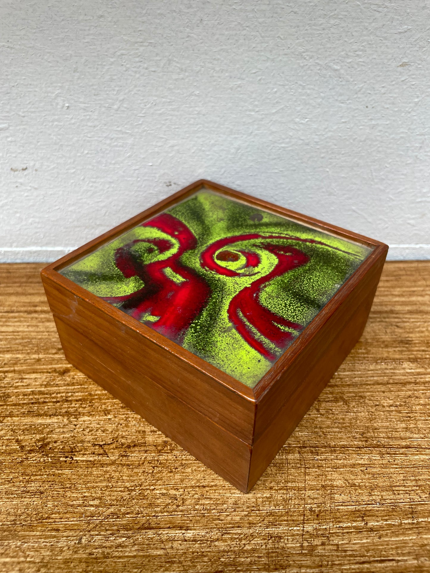 Vintage Enamel & Mahogany Trinket Box