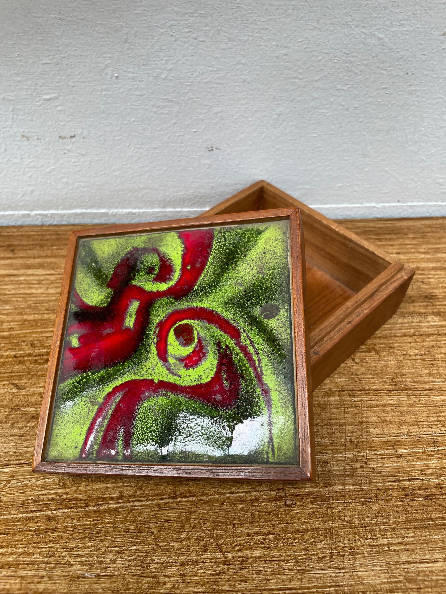 Vintage Enamel & Mahogany Trinket Box