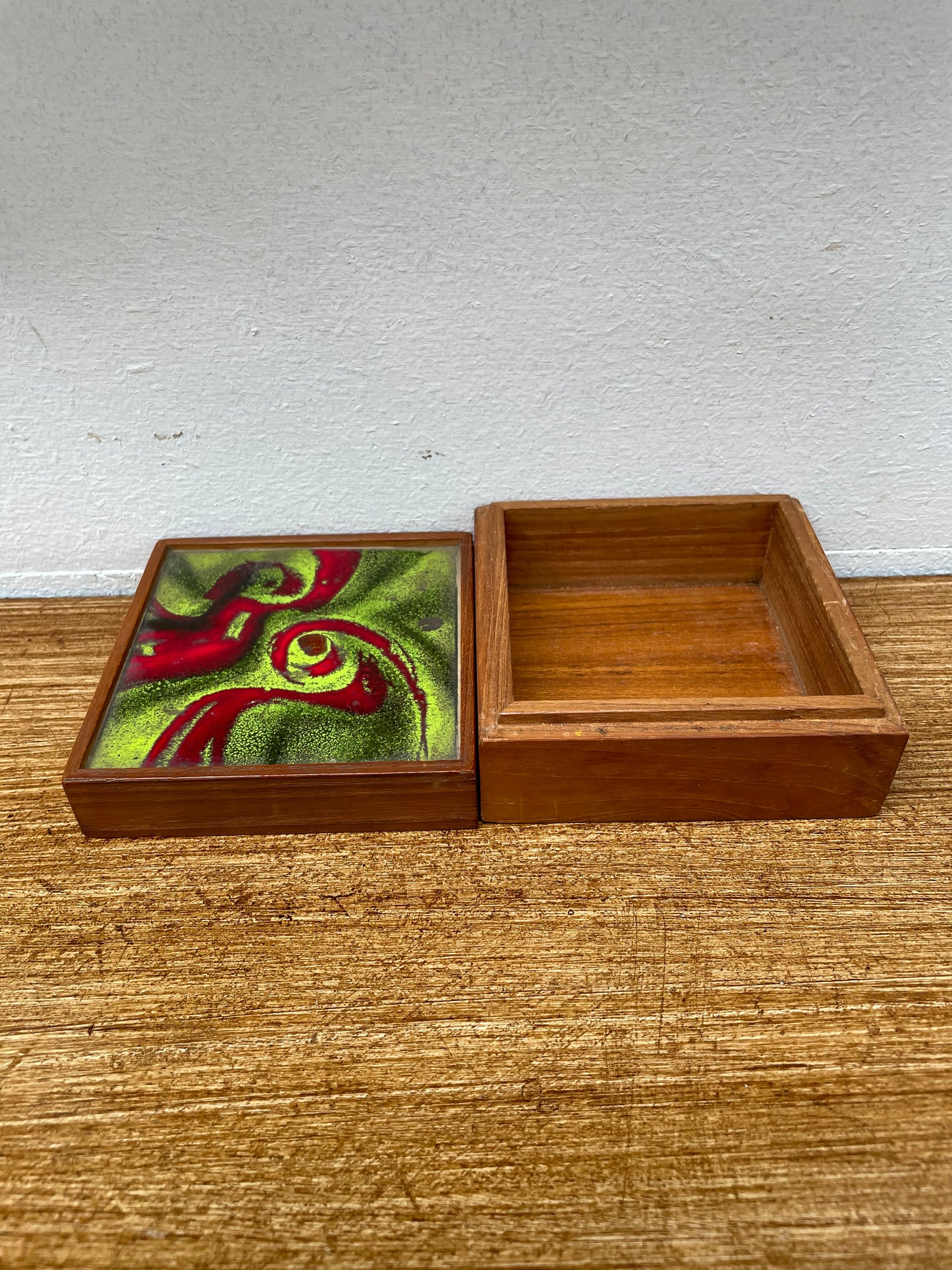 Vintage Enamel & Mahogany Trinket Box