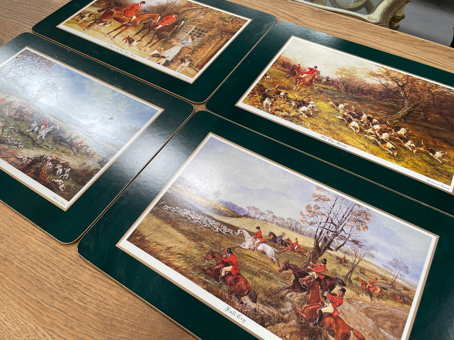 Set of Eight Vintage Hunting Scene Place Mats With Cork Back