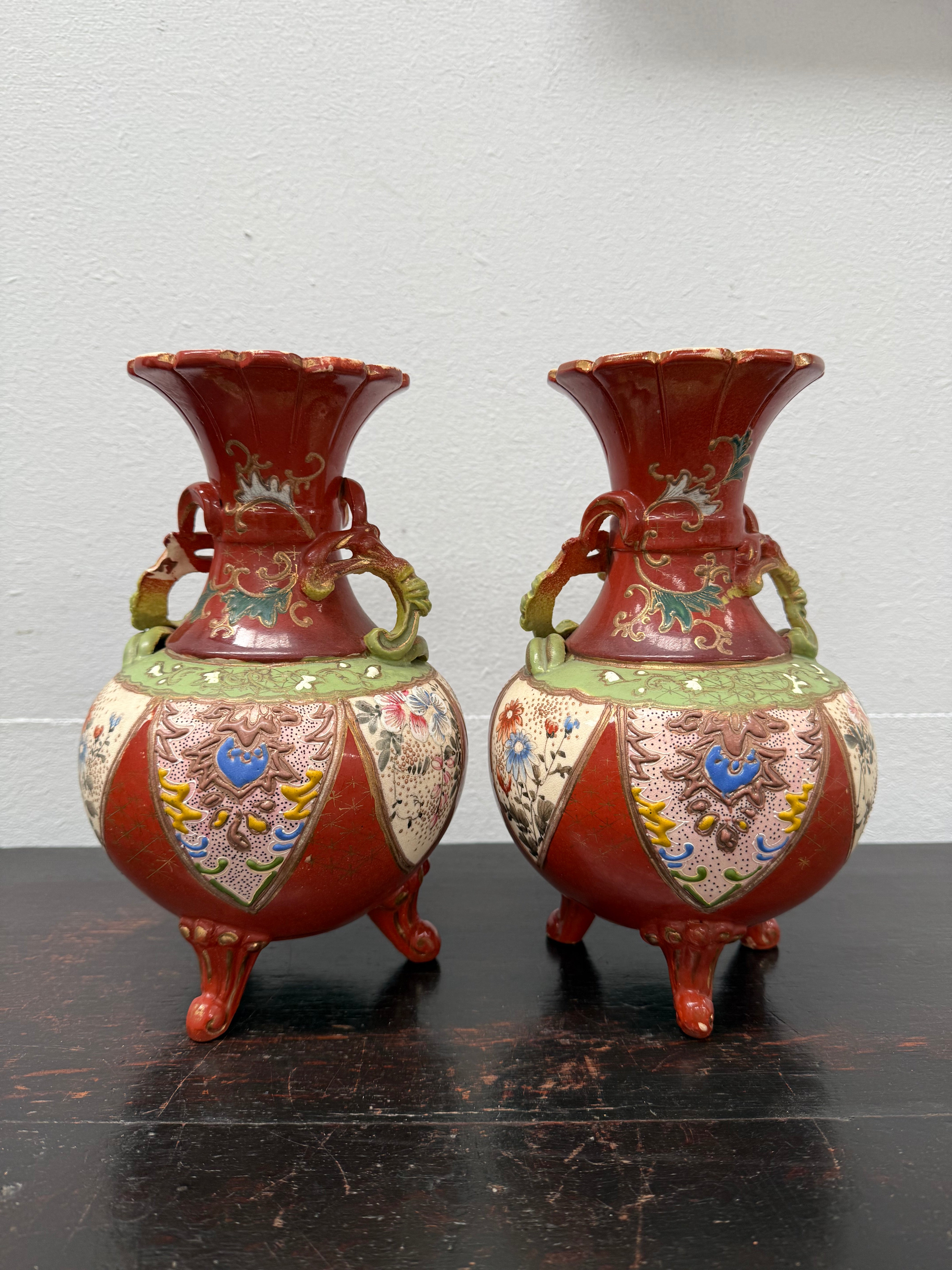 Pair Antique Satsuma Hand Painted Vases (1 a/f)