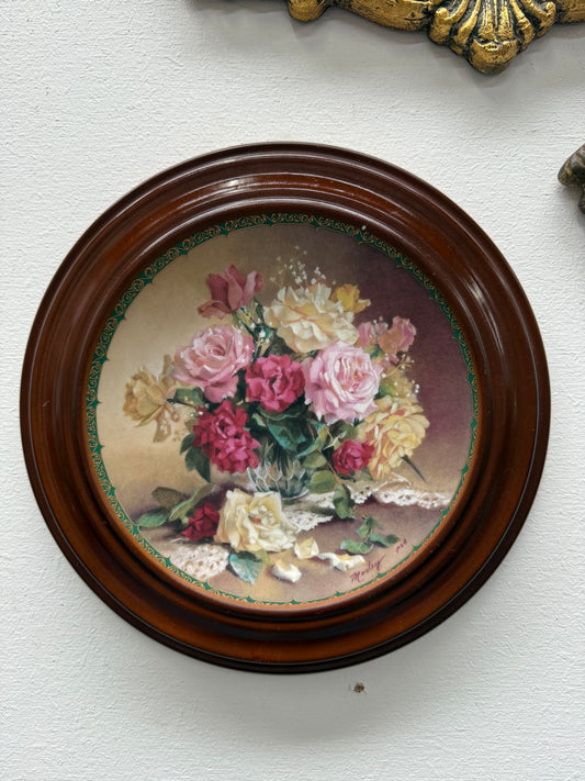 Pair Pretty Limited Edition Plates In Round Wooden Frames