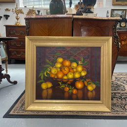 Beautiful original oil on board painting of lemons and oranges. It is framed in a lovely simple gold frame and ready to hang. Signed by artist. Please see all photos as they form part of the description and condition.