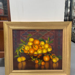 Beautiful original oil on board painting of lemons and oranges. It is framed in a lovely simple gold frame and ready to hang. Signed by artist. Please see all photos as they form part of the description and condition.