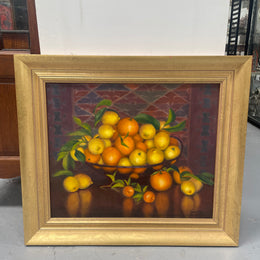 Beautiful original oil on board painting of lemons and oranges. It is framed in a lovely simple gold frame and ready to hang. Signed by artist. Please see all photos as they form part of the description and condition.