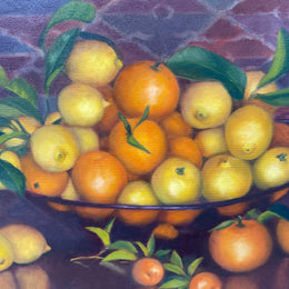 Beautiful original oil on board painting of lemons and oranges. It is framed in a lovely simple gold frame and ready to hang. Signed by artist. Please see all photos as they form part of the description and condition.