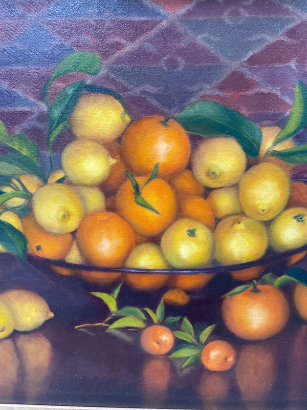 Beautiful original oil on board painting of lemons and oranges. It is framed in a lovely simple gold frame and ready to hang. Signed by artist. Please see all photos as they form part of the description and condition.