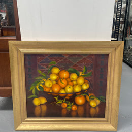 Beautiful original oil on board painting of lemons and oranges. It is framed in a lovely simple gold frame and ready to hang. Signed by artist. Please see all photos as they form part of the description and condition.