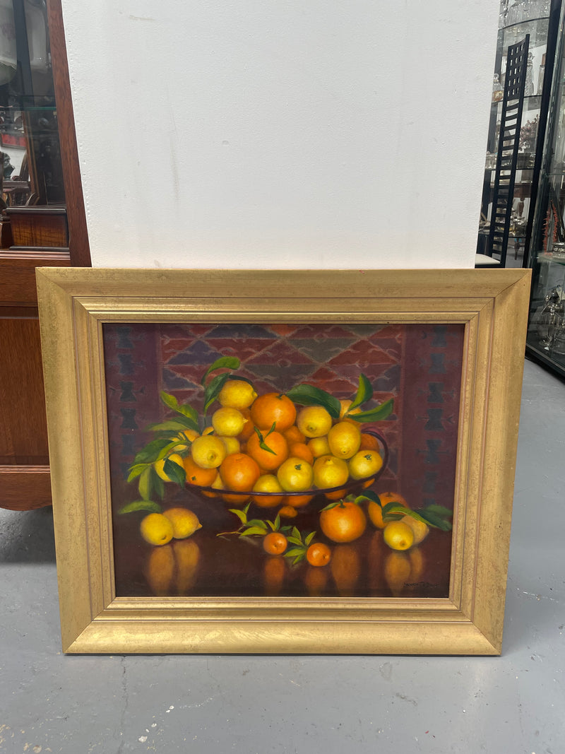 Beautiful original oil on board painting of lemons and oranges. It is framed in a lovely simple gold frame and ready to hang. Signed by artist. Please see all photos as they form part of the description and condition.