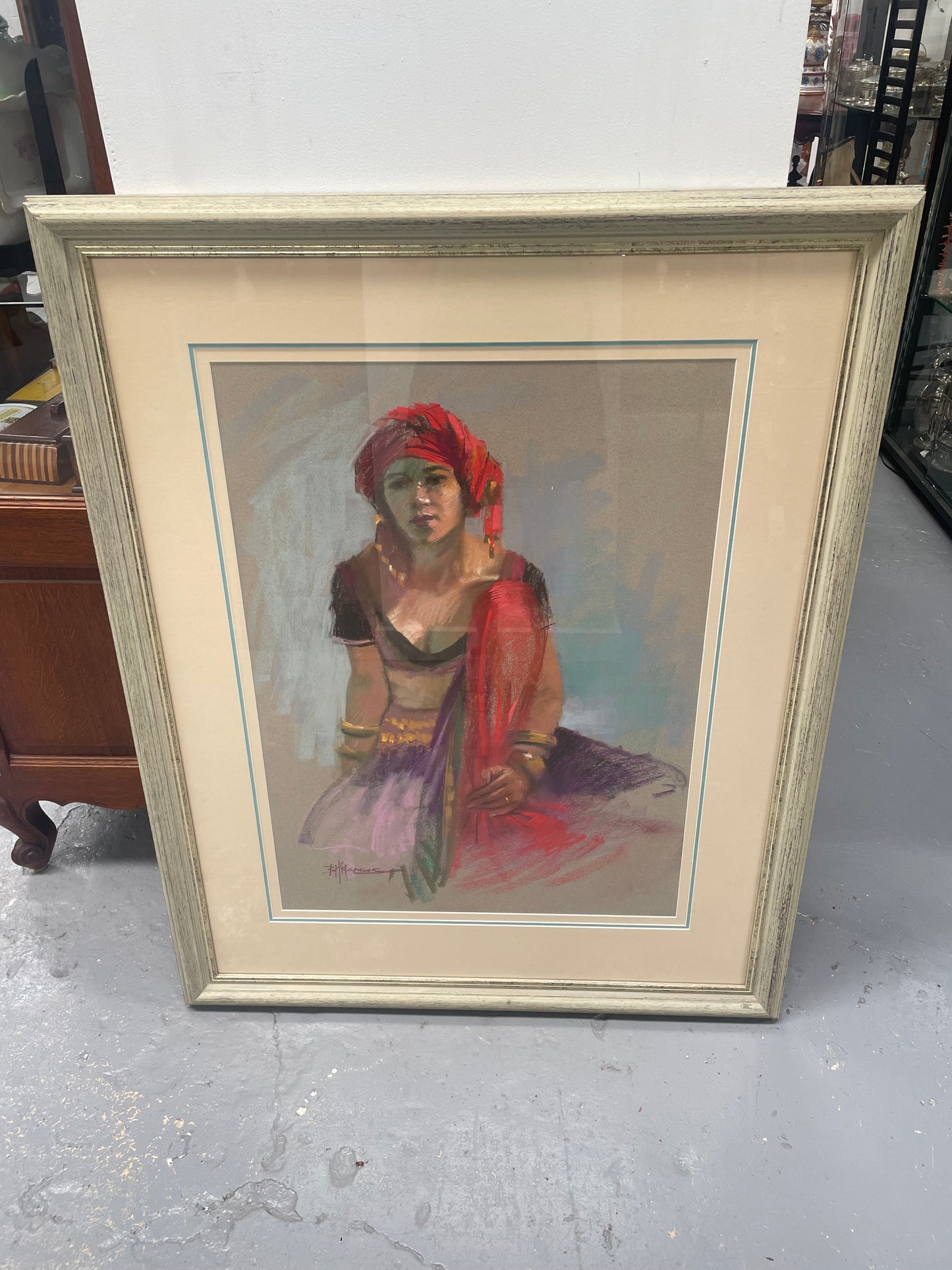 Stunning framed original pastel portrait titled "Dancer" signed by Barbara McManus. It is in good original condition and is framed behind glass. Information about the artist is on the back of the frame as shown in the photos