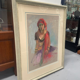 Stunning framed original pastel portrait titled "Dancer" signed by Barbara McManus. It is in good original condition and is framed behind glass. Information about the artist is on the back of the frame as shown in the photos