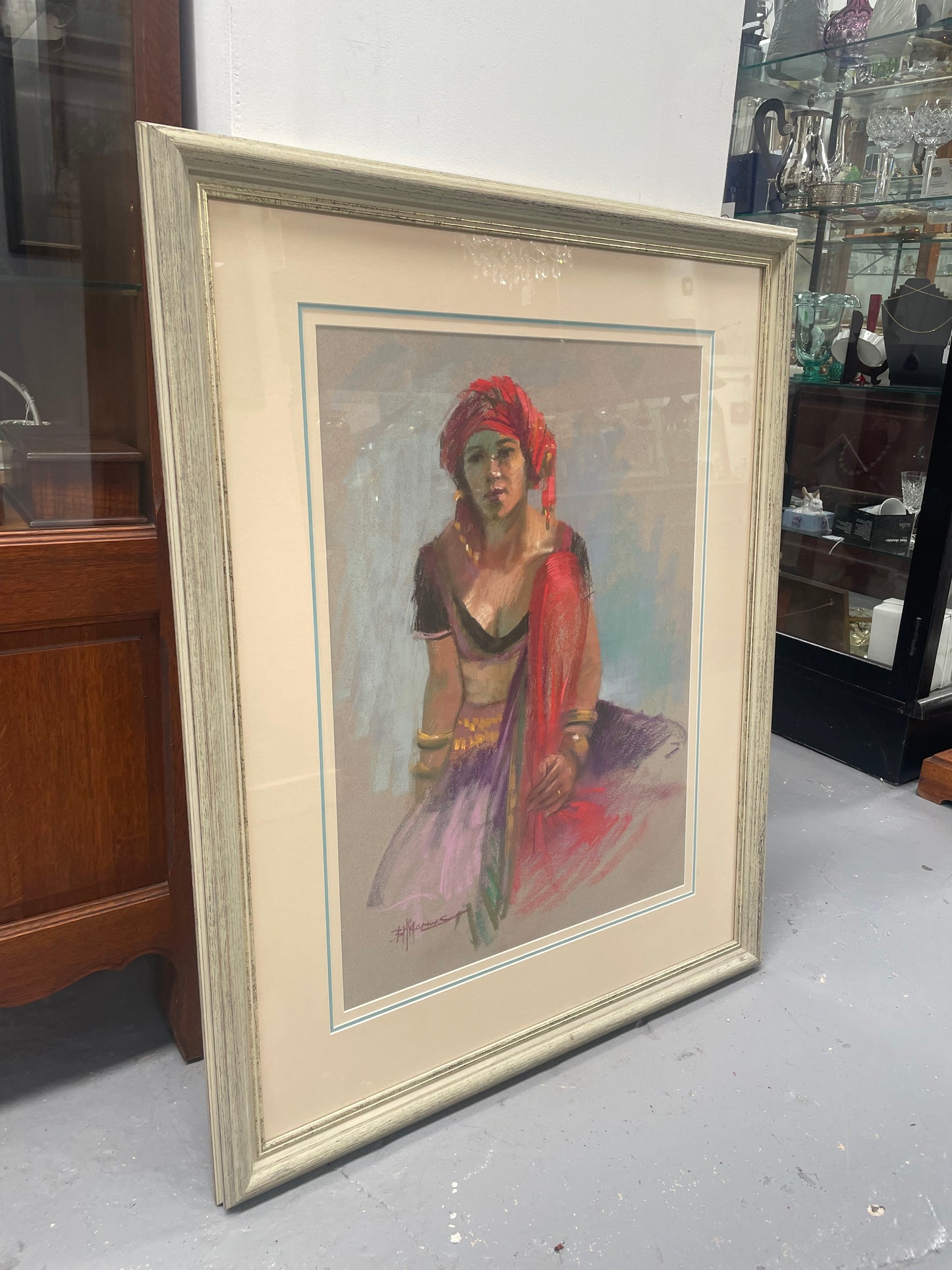 Stunning framed original pastel portrait titled "Dancer" signed by Barbara McManus. It is in good original condition and is framed behind glass. Information about the artist is on the back of the frame as shown in the photos