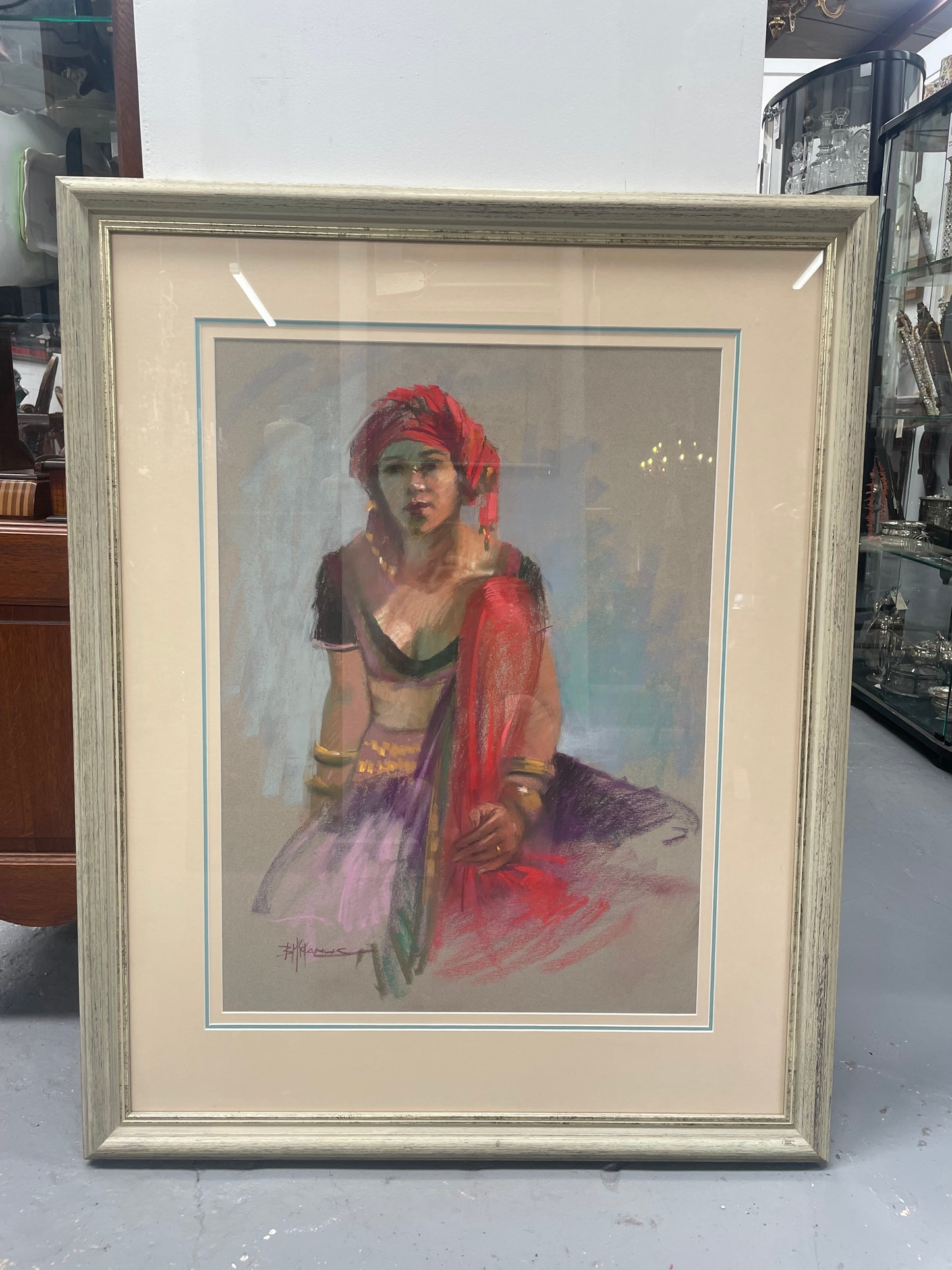 Stunning framed original pastel portrait titled "Dancer" signed by Barbara McManus. It is in good original condition and is framed behind glass. Information about the artist is on the back of the frame as shown in the photos.