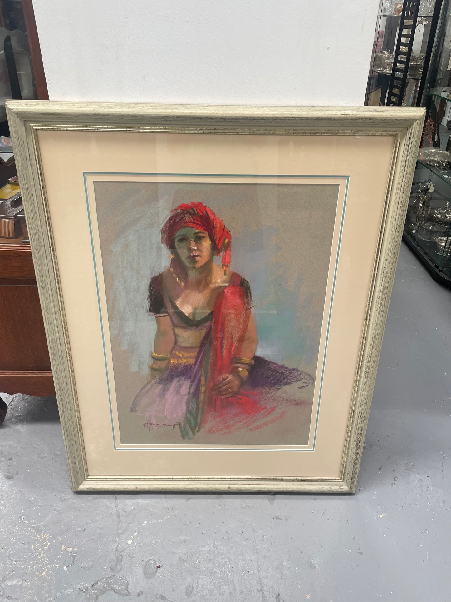 Stunning framed original pastel portrait titled "Dancer" signed by Barbara McManus. It is in good original condition and is framed behind glass. Information about the artist is on the back of the frame as shown in the photos