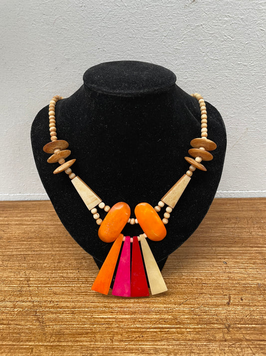 Vintage Hand Carved & Coloured Bone Necklace