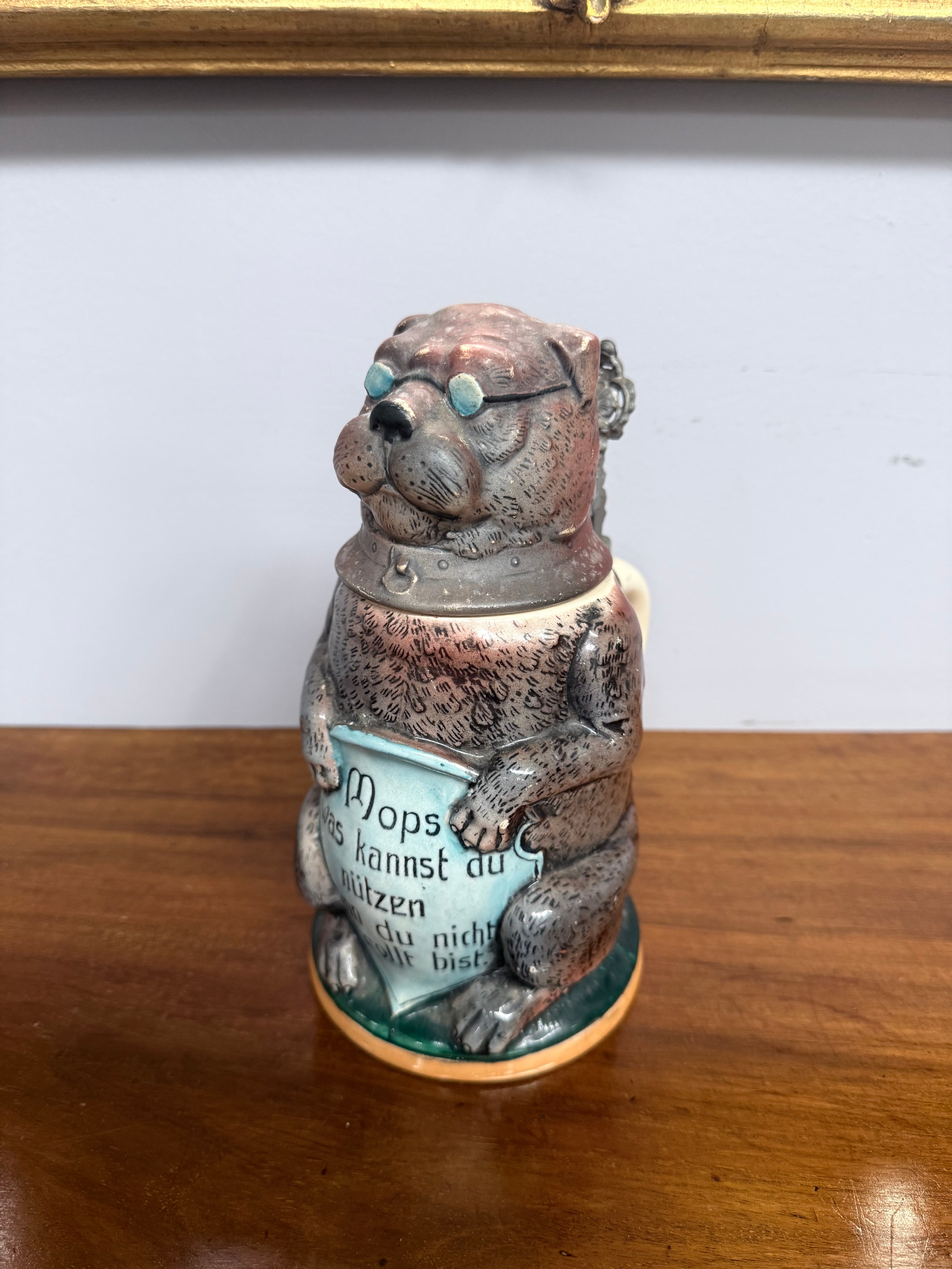 German Glazed Ceramic Pewter Mounted Figural Beer Stein | Antique & Vintage | Moonee Ponds Antiques | Australia Wide Delivery