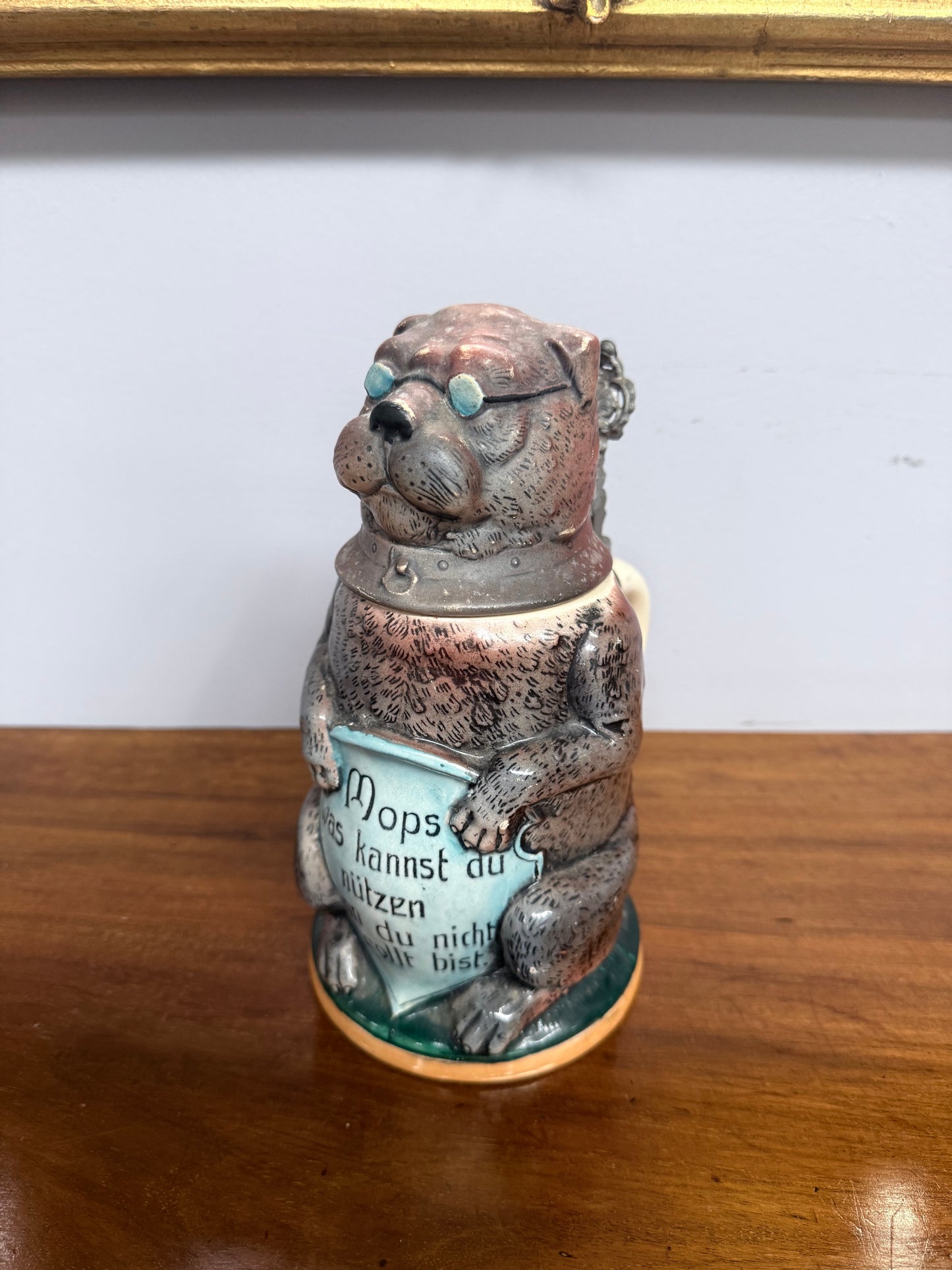 German Glazed Ceramic Pewter Mounted Figural Beer Stein
