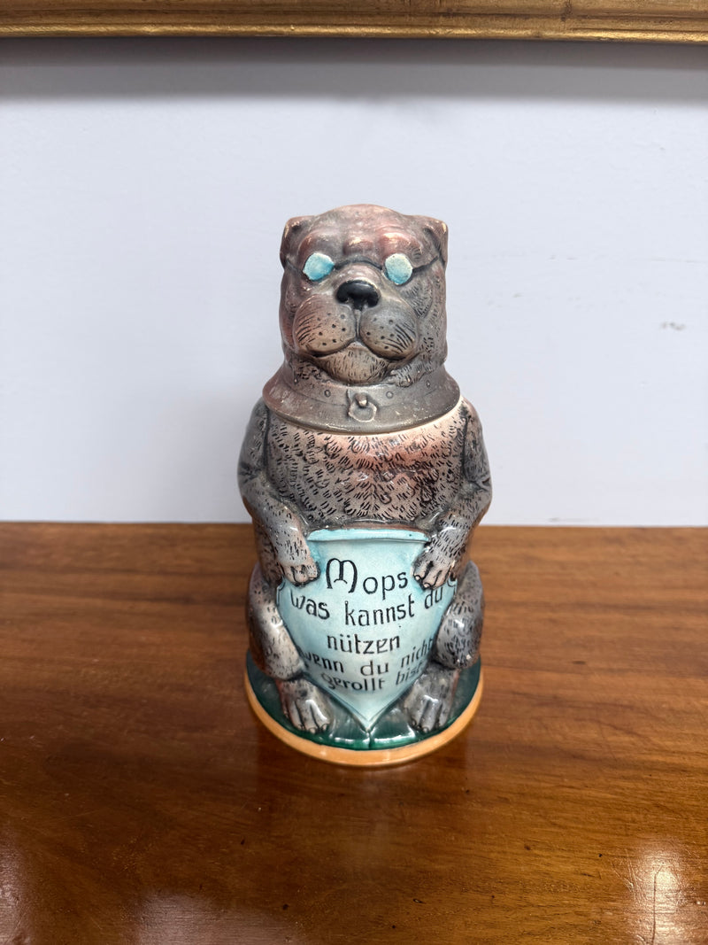 German Glazed Ceramic Pewter Mounted Figural Beer Stein