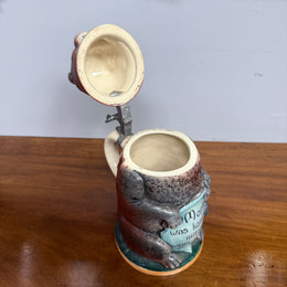 German Glazed Ceramic Pewter Mounted Figural Beer Stein