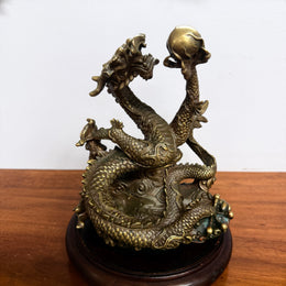 Bronze Chinese Dragon On A Wooden Stand