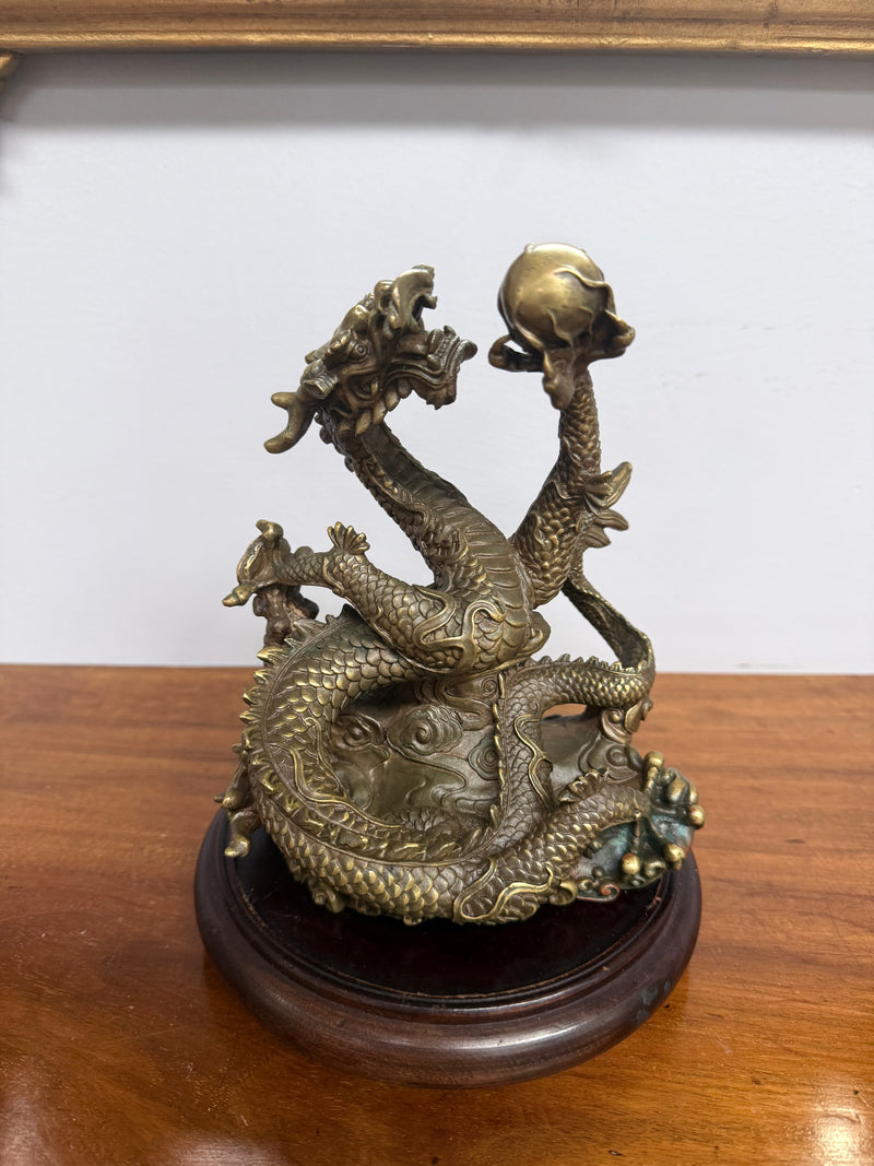 Bronze Chinese Dragon On A Wooden Stand