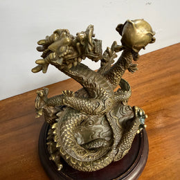 Bronze Chinese Dragon On A Wooden Stand