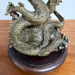 Bronze Chinese Dragon On A Wooden Stand