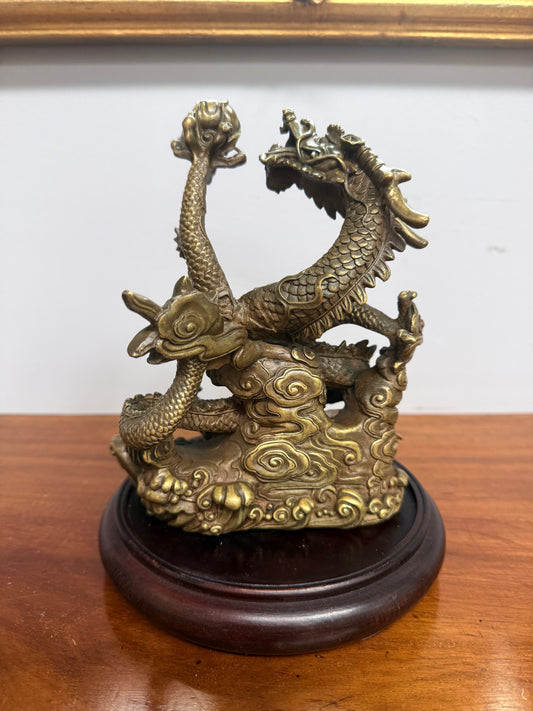 Bronze Chinese Dragon On A Wooden Stand