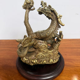 Bronze Chinese Dragon On A Wooden Stand