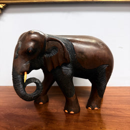 Vintage Carved Acacia Wood Elephant Statue