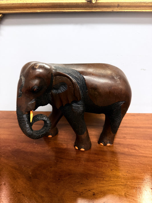 Vintage Carved Acacia Wood Elephant Statue