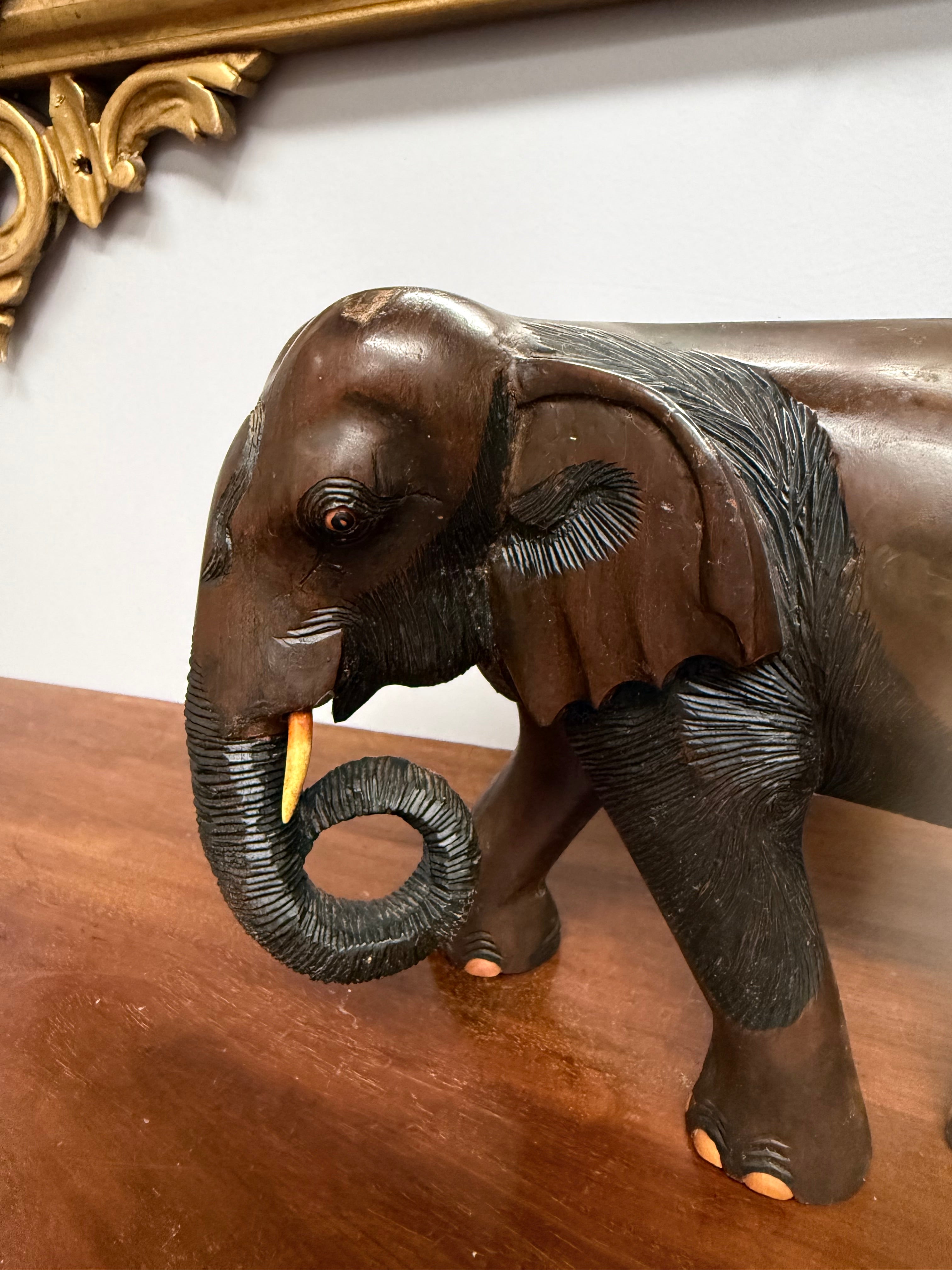 Vintage Carved Acacia Wood Elephant Statue