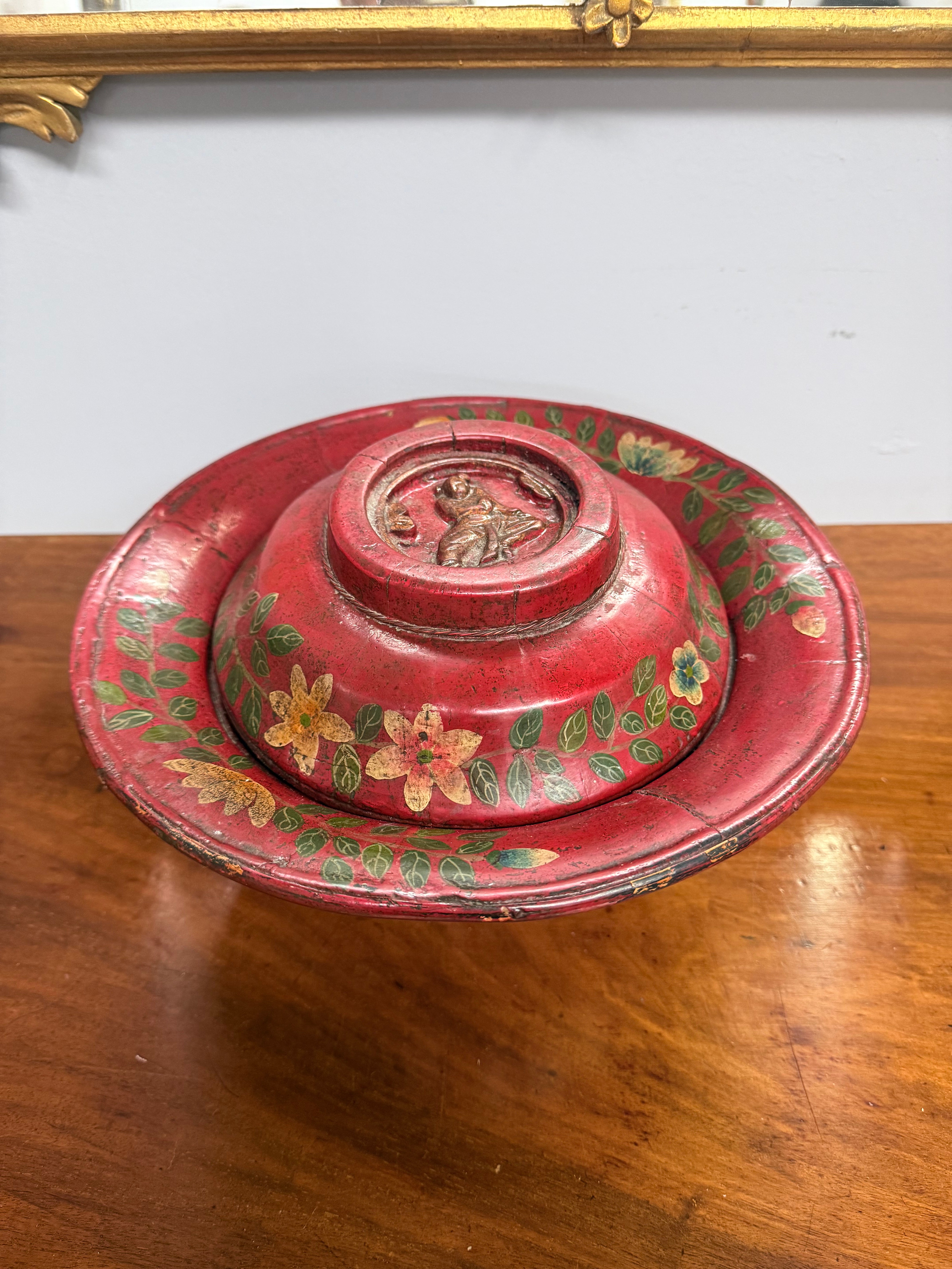 Antique Traditional Japanese Red Lacquerware Lidded Bowl
