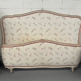 Queen size 19th Century Louis XV style hand painted upholstered bed. Sourced from France and comes with custom made slats. 