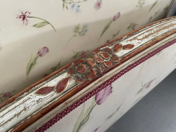 Queen size 19th Century Louis XV style hand painted upholstered bed. Sourced from France and comes with custom made slats. 