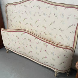 Queen size 19th Century Louis XV style hand painted upholstered bed. Sourced from France and comes with custom made slats. 