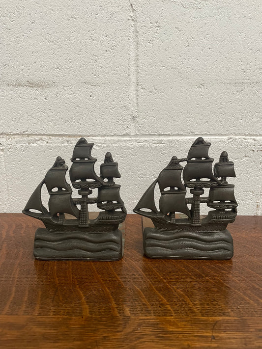 Pair Vintage Metal Sailing Ship Bookends