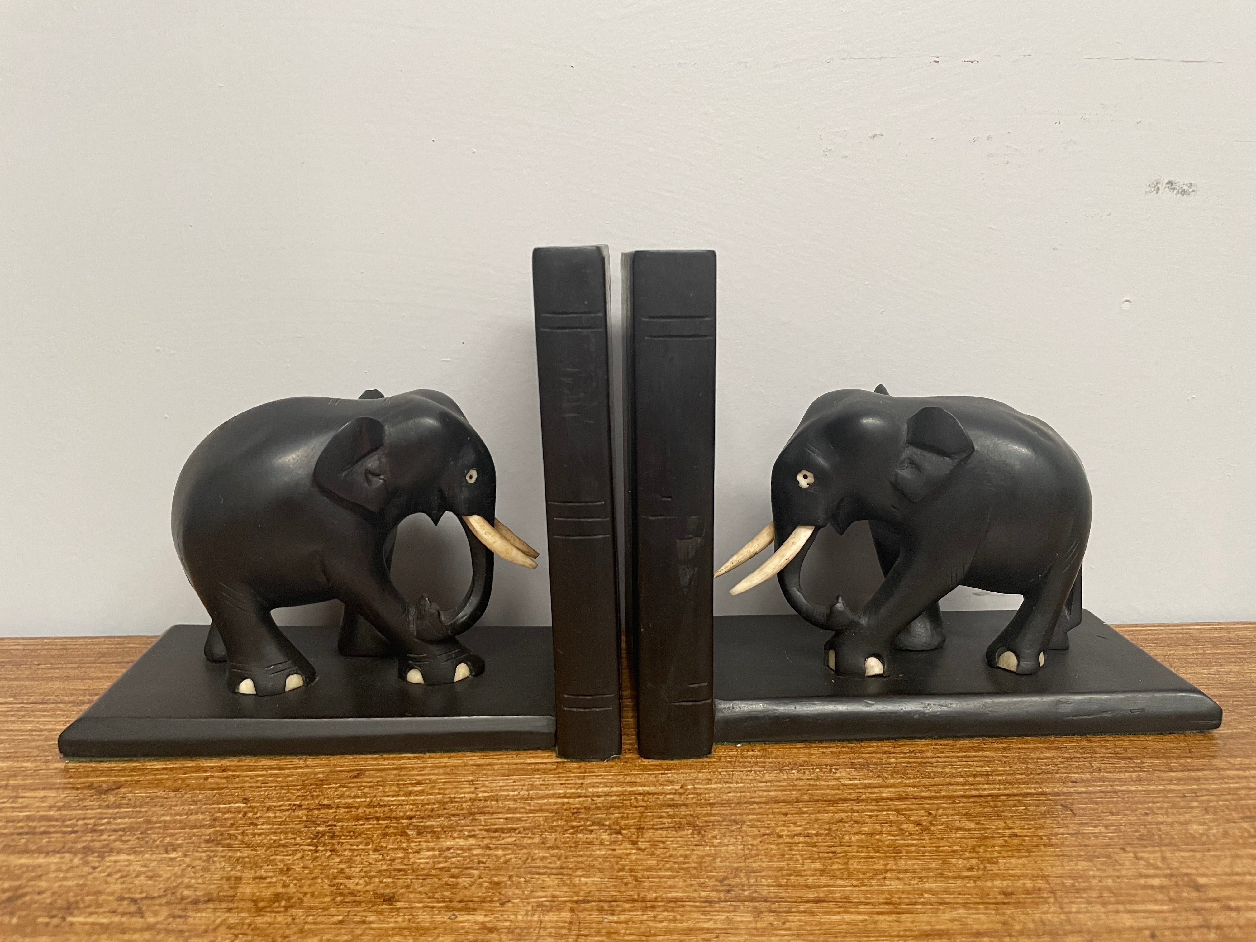 Pair of Antique Ebony Elephant Bookends