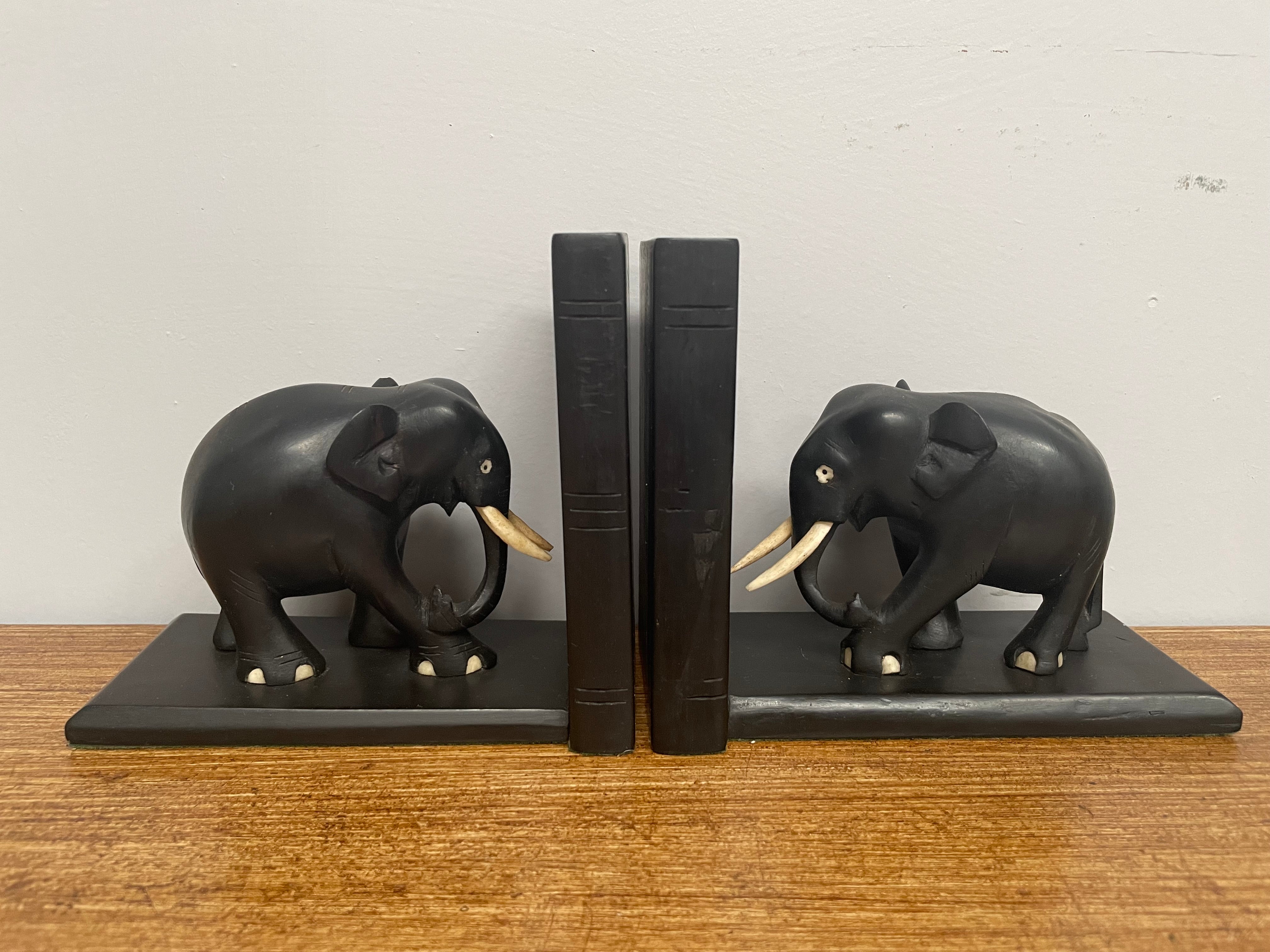 Pair of Antique Ebony Elephant Bookends