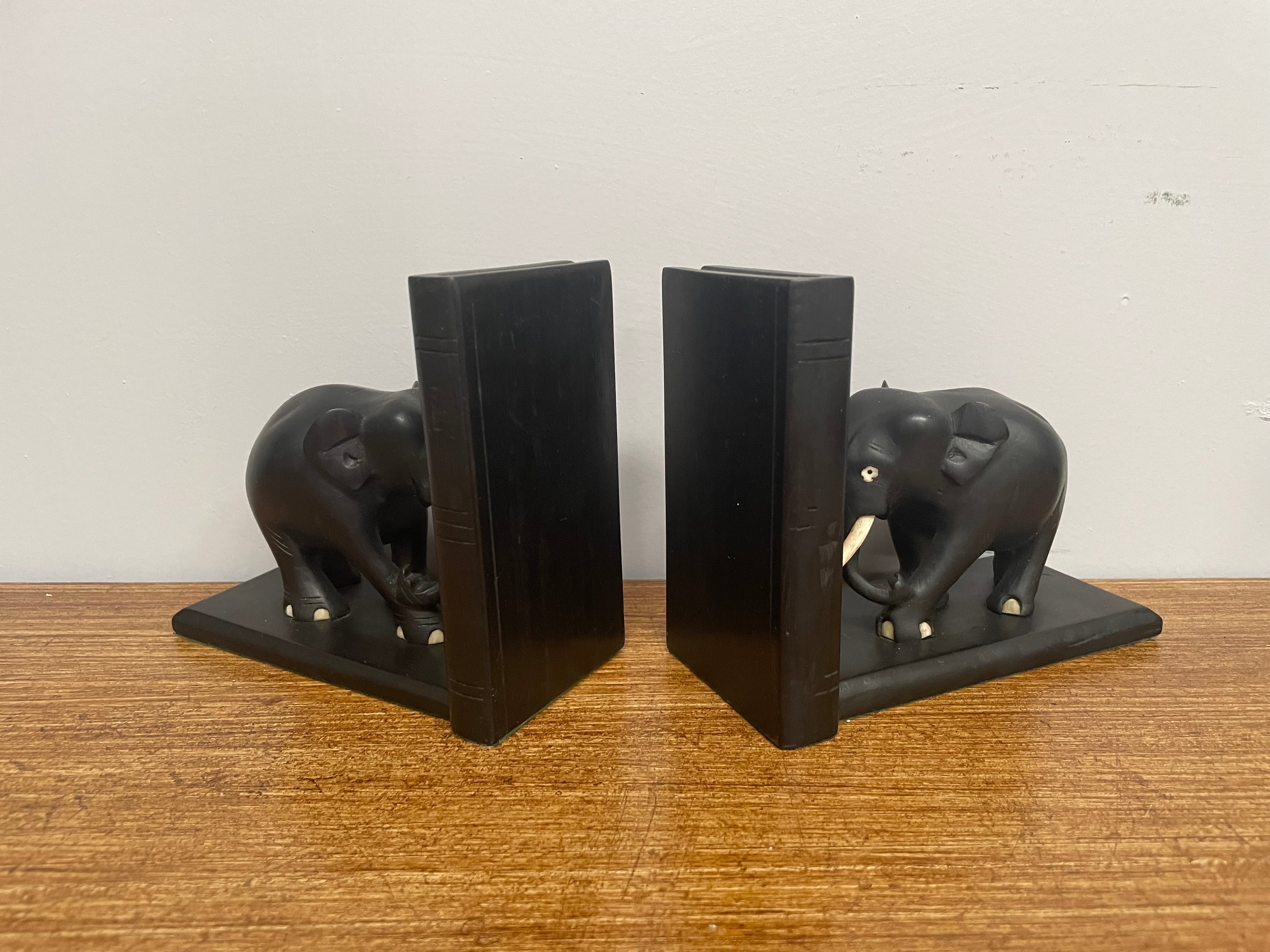 Pair of Antique Ebony Elephant Bookends