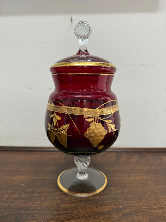 Vintage Ruby & Gilt Decorated Candy Bowl