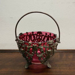 Vintage Cranberry Glass Bowl with Metal Liner